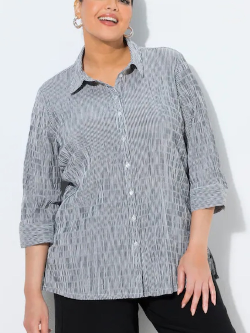 Ulla Popken grey and white striped textured button down top